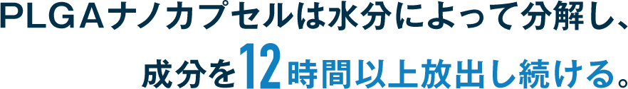 PLGAナノカプセルは水分によって分解し、成分を12時間以上放出し続ける